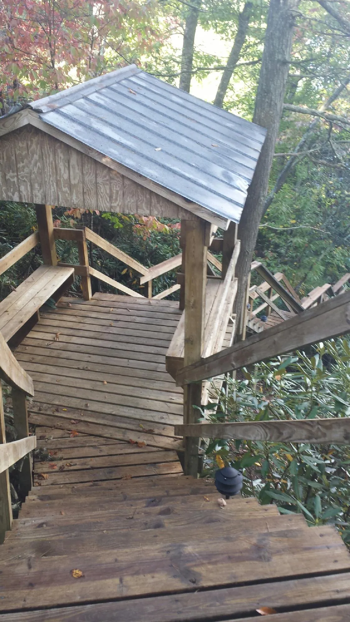 Metal roofed shelter over wooden steps on a wooded walkway — Skylight Repair & Installation work by our crew in Coos Bay